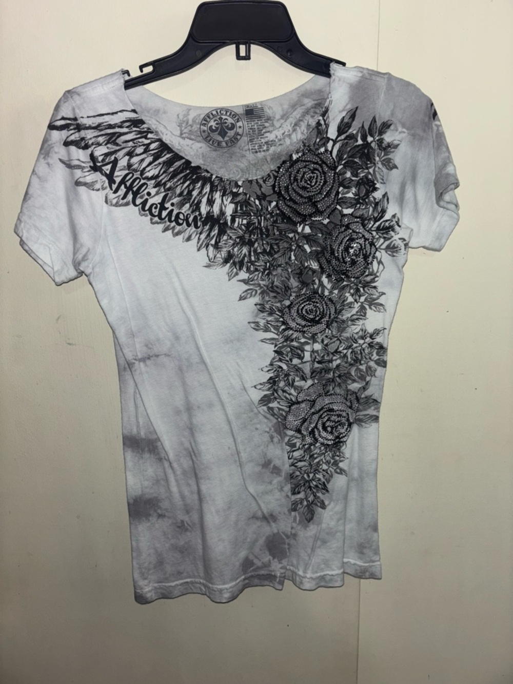 Affliction Women's Light Gray Graphic Tee with Black Floral Wing Print